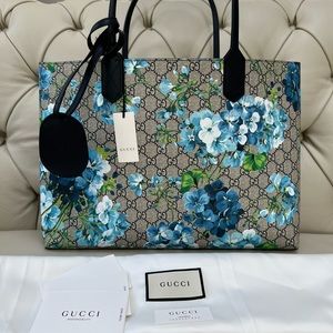 New Gucci Blue Floral Blooms Tote Leather Bag